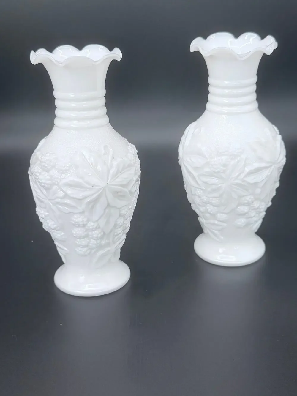 Pair Vintage Imperial Loganberry White Milk Glass Vases 6.25 Inch Ruffled